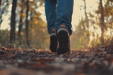 A person is leisurely walking down a dirt path located in the woods