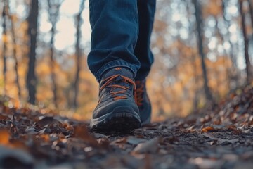 A person is leisurely walking down a dirt path located in the woods