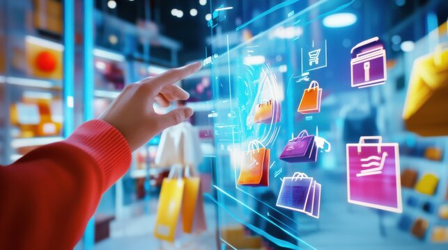 Virtual shopping, discounts, interactive game, shopper discovering rewards, digital store, floating products, fashion items, holographic, futuristic interface, immersive experience, bright, engaging