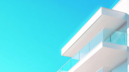 Minimalist Modern Building with Glass Balconies Against Blue Sky