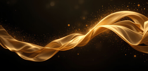 Golden silk ribbon floating with glowing particles on black background – luxurious abstract elegance