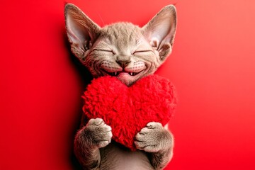 Devon rex - my cherished cat. Cute devon rex kitty with fluffy red heart - emblem of love, funny greeting card. Ad concept creative concept art. Valentine's day red kitten. Red heart cat.