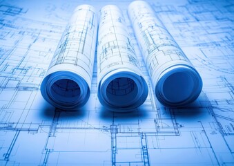Three rolls of blueprints are carefully stacked on top of a table