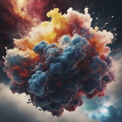 Dramatic explosion of colorful clouds resembling vapor against a dark background, AI generated