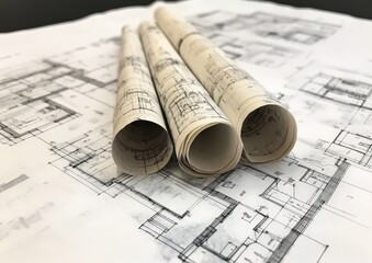 Three rolls of blueprints are carefully stacked on top of a table