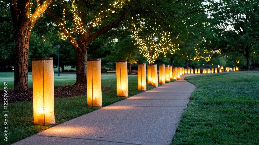 Aufkleber Line of lanterns lighting up a cultural festival night, symbolizing connection and tradition in a serene setting with a neutral background