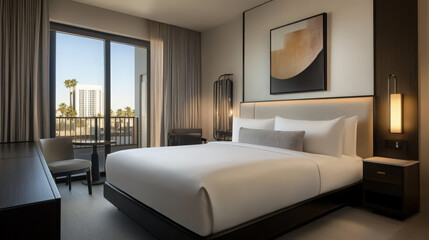 close up A hotel bed styled with layered linen sheets, soft pillows, and a beige quilt, exuding modern simplicity