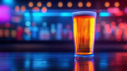 Cold Beer Glass with Bokeh Lights in Bar Background