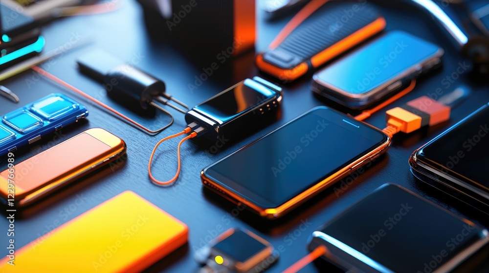 Poster high-tech gadgets illustrating line connections, set against a clean neutral background for stock ap