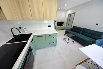 Kuchnia w nowoczesnym apartamencie w kolorze seledynowym i jasno brązowym