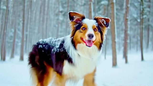 Young border collie eating snow during his walk at sunset. 4k Video. generated with AI