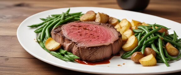 Beef steak served on a white plate with roasted potatoes and green beans , fine dining, gourmet meal, roasted potatoes