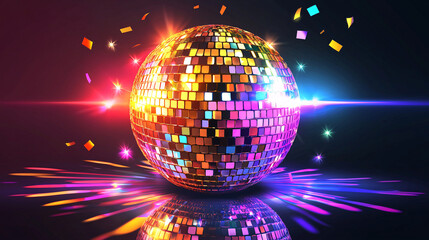Obraz premium vibrant disco ball reflecting colorful lights, creating lively atmosphere with sparkling effects and confetti. Perfect for party themes and celebrations