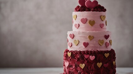 A three-tier Valentine cake with alternating red and pink frosting layers, adorned with edible gold hearts and floral patterns