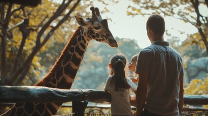 Family watching a giraffe at the zoo. Great for publications about family fun, eco-tourism and wildlife protection.