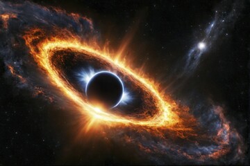 A glowing black hole with blue and orange fiery rings amidst a cosmic background dotted with stars, AI generated