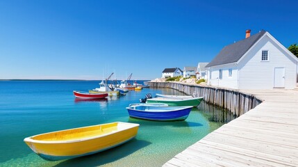 Obraz premium Colorful Boats Docked at a Sunny Seaside Village