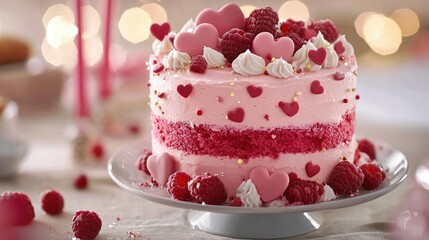 Valentine s Day love displayed through a two-tiered raspberry mousse cake with delicate garnishes on a light backdrop
