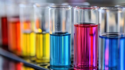 Colorful Chemistry: A vibrant array of test tubes filled with various colored liquids, showcasing the beauty of scientific experimentation.