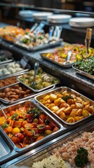 Obraz premium A variety of buffet dishes: meat, vegetables, side dishes. Ideal for advertising restaurants, cafes and catering services, as well as for cookery blogs and articles on healthy eating.