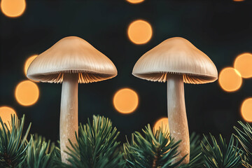 Festive mushrooms on pine, bokeh lights