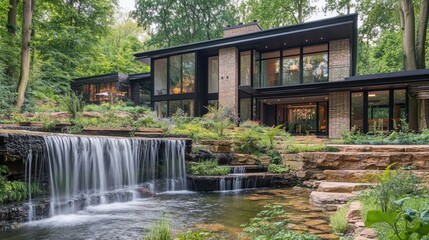 Obraz premium A stylish modern home with a waterfall feature blending into the garden.