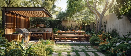 Modern outdoor barbecue area with wooden canopy and table. Ideal for landscape design, outdoor furniture advertising and cookery blogs.