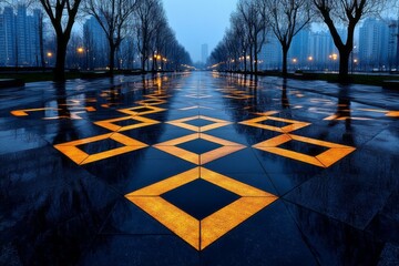 Street view featuring a prominent yellow cross marking on the asphalt surface