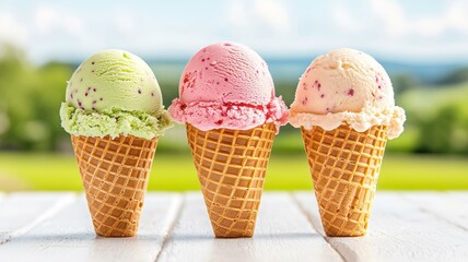 Three colorful ice cream cones with different flavors displayed on a wooden table