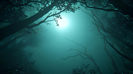 Obraz premium Moonlit foggy forest, low angle
