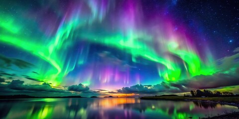 Aurora borealis display at night sky with vibrant green and purple hues lighting up the dark clouds, glowing clouds, starry night sky