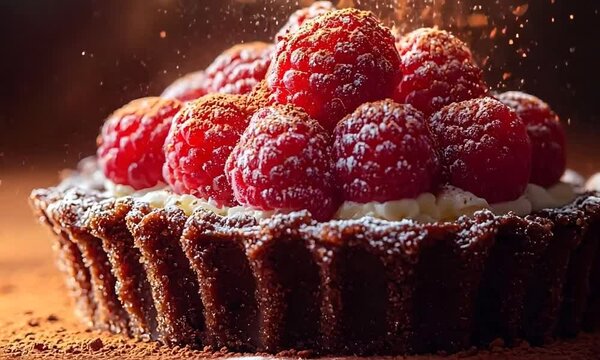 Radiant Chocolate Tart with Vibrant Raspberry Jewel and Glowing Spun Sugar Spirals