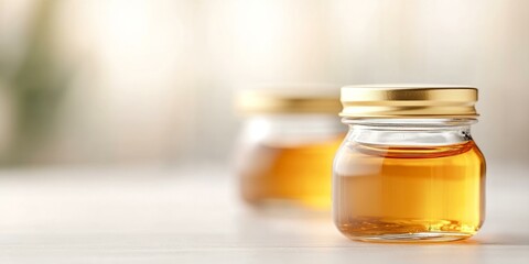 Assorted jars filled with different types of honey displayed on a wooden table