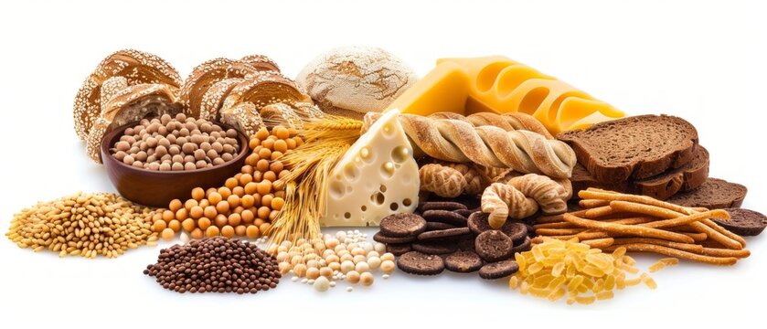 Assortment of bakery products, cereals and pasta on white background. Suitable for healthy eating blogs, cookery sites and food advertising.