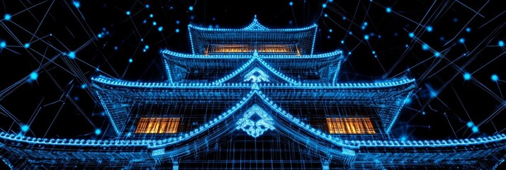 Naklejka premium Osaka Castle, Japan, as a Blue Dotted Outline in an Abstract Digital Cyberspace Network Style