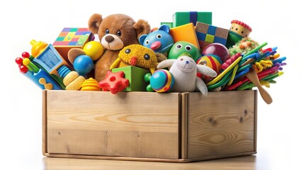 Obraz premium Colorful charity donation box overflowing with a variety of toys, books, and puzzles , playtime, educational