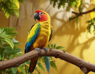 Obraz premium Brightly colored parrot on a wooden tree branch against a bright yellow backdrop with lush foliage, tree branch, tropical scene