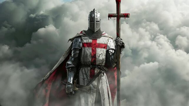 Medieval crusader Warrior with armour and red cross. Cloud smoke on Background