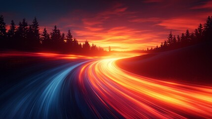 Fototapeta premium Vibrant sunset illuminating a winding road with dynamic light trails and silhouetted trees in the background