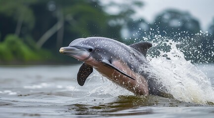 Fototapeta premium An action shot of a pink dolphin jumping out of dark water, with splashes around, AI generated