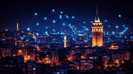 Istanbul Nightscape City Lights Galata Tower with Network Connection Overlay, Technology Concept.
