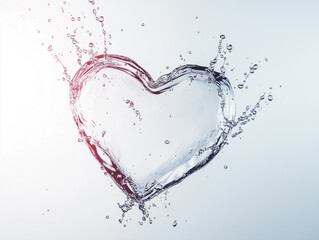 Obraz premium .A heart shape made of water splashes, with droplets and ripples in pink tones on a white background.