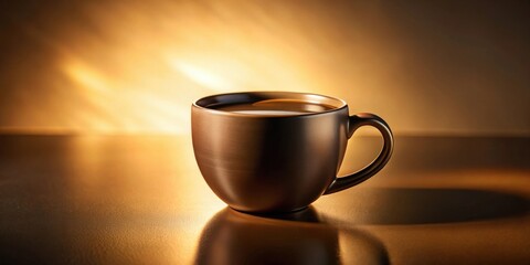 Obraz premium Warm golden light illuminates a dark bronze mug filled with a steaming beverage, creating a tranquil and inviting scene.