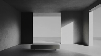 Fototapeta premium Modern minimalist interior with a monochrome color palette, featuring an empty bed on a smooth floor in a spacious room with soft lighting