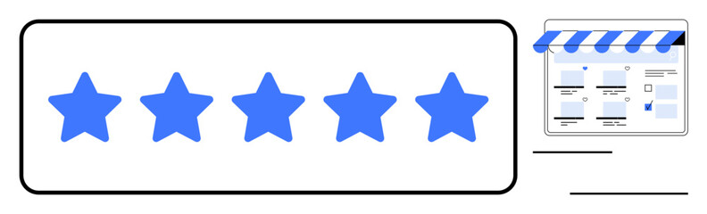 Five blue stars representing customer reviews next to an online storefront. Ideal for user feedback, rating systems, e-commerce trust, online business, digital marketing, quality assurance, customer