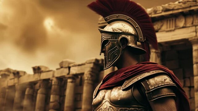 Roman soldier, clad in a striking red cape and a sturdy helmet, stands out on the battlefield, ready for engagement in combat