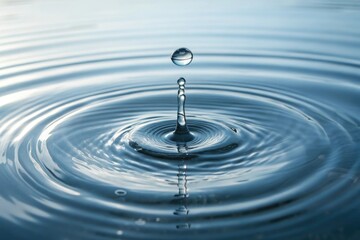 Clear water drop in the middle of a circular wave pattern on a pond's surface, lake, glassy
