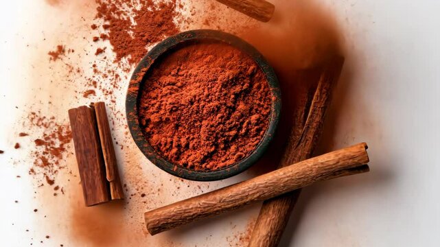 Bowl filled with cinnamon powder and a cinnamon stick. The cinnamon stick is placed on the right side of the bowl