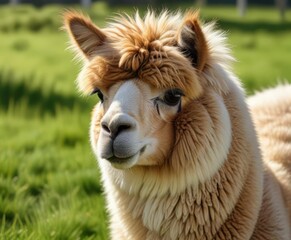 Obraz premium Close-up of a fluffy alpaca with soft fur grazing in green field, green, fur