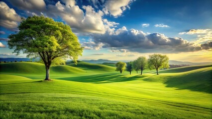 Obraz premium Serene Landscape of Rolling Green Hills and Lush Trees Under a Dramatic Sky